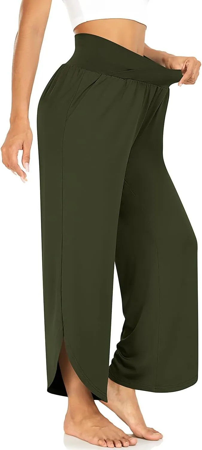 TARSE Wide Leg Pants for Women Cross High Waisted Yoga Pants Casual Lounge Joggers Loose fit Pajama Bottoms with Pockets