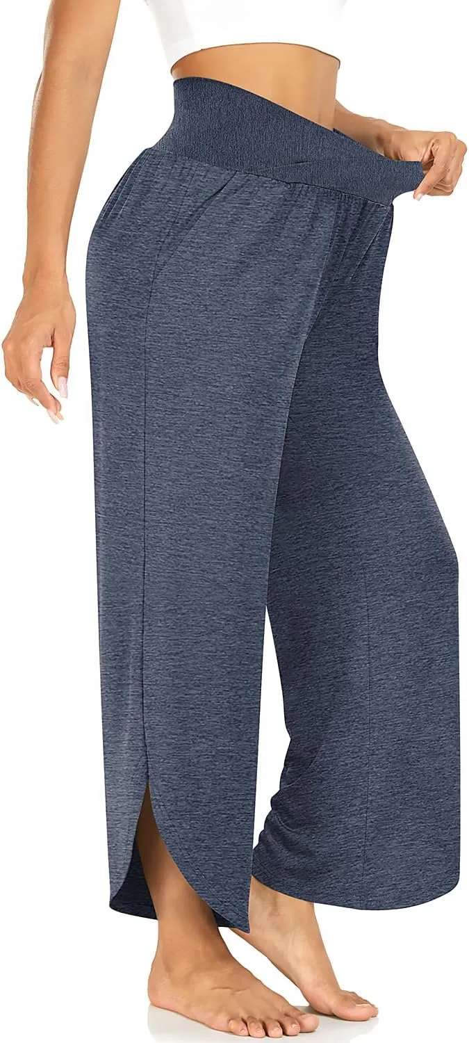 TARSE Wide Leg Pants for Women Cross High Waisted Yoga Pants Casual Lounge Joggers Loose fit Pajama Bottoms with Pockets