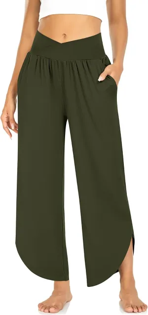 TARSE Wide Leg Pants for Women Cross High Waisted Yoga Pants Casual Lounge Joggers Loose fit Pajama Bottoms with Pockets