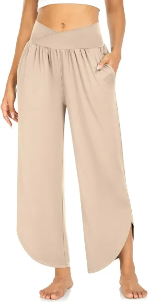 TARSE Wide Leg Pants for Women Cross High Waisted Yoga Pants Casual Lounge Joggers Loose fit Pajama Bottoms with Pockets