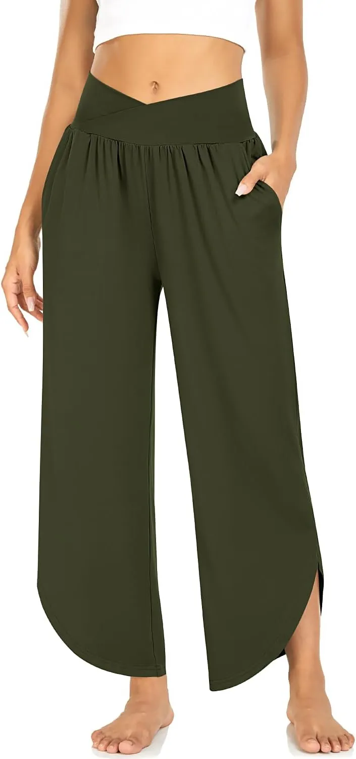 TARSE Wide Leg Pants for Women Cross High Waisted Yoga Pants Casual Lounge Joggers Loose fit Pajama Bottoms with Pockets