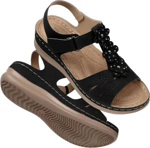 TEMOFON Wedge Sandals for Women Comfortable: Summer Open Toe Sandals - Dressy Casual Flat Sandals - Black Dress Walking Sandals Size 8