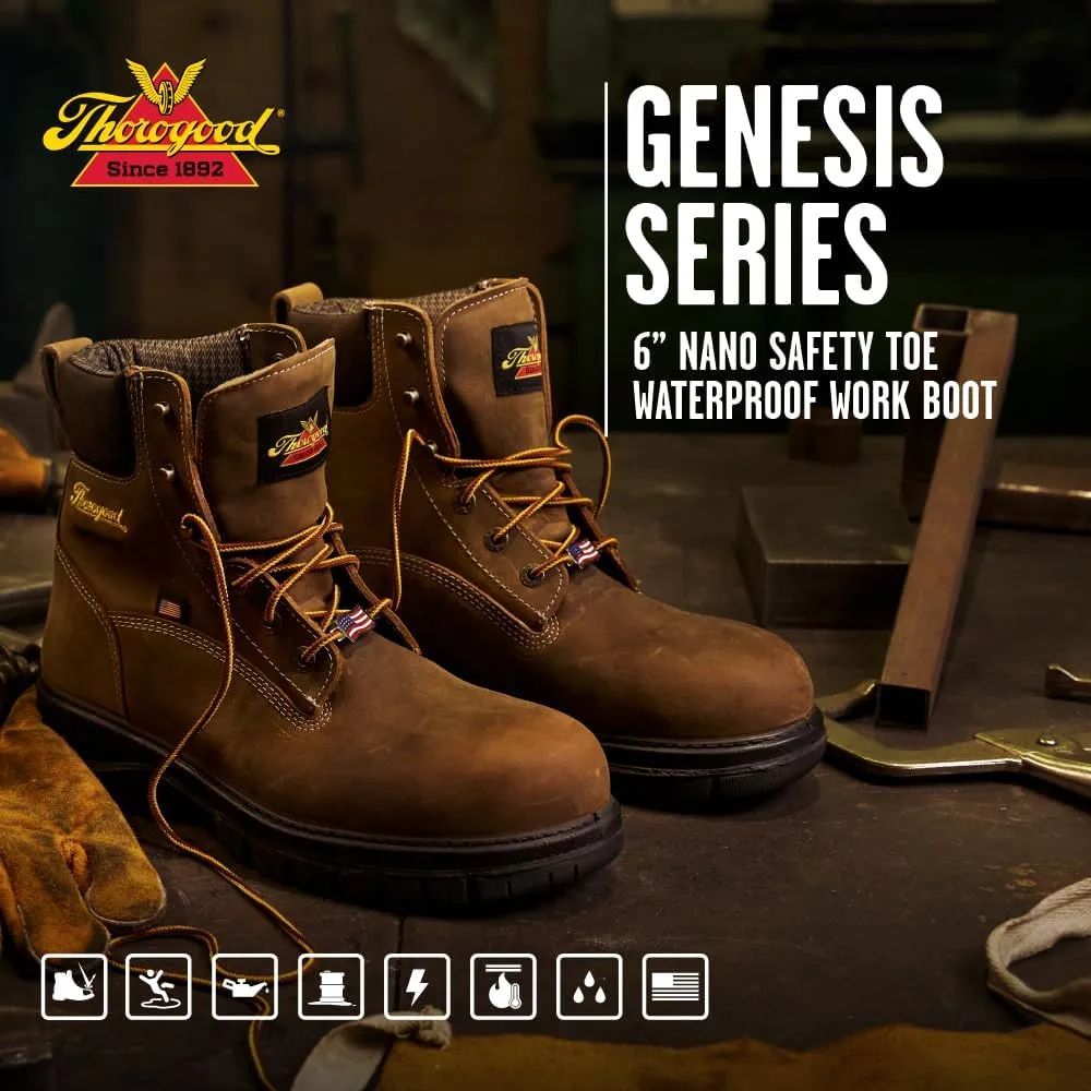 Thorogood 6” Waterproof Work Boots for Men - Nano Composite Toe - Genesis Series - Full-Grain Leather with Comfort Insoles and Slip-Resistant Outsoles