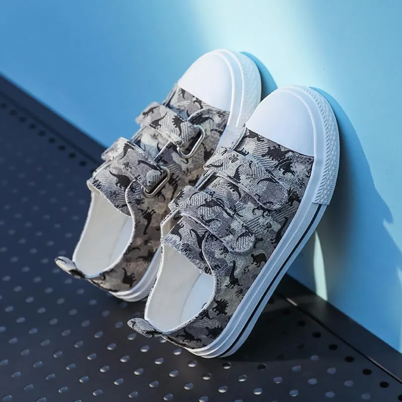 Toddler Boys Girls Slip On Canvas Sneakers Cartoon Dinasour Printed Little Kid Unisex Adjustable Strap Walking Shoes Lazy Shoes with Hook and Loops