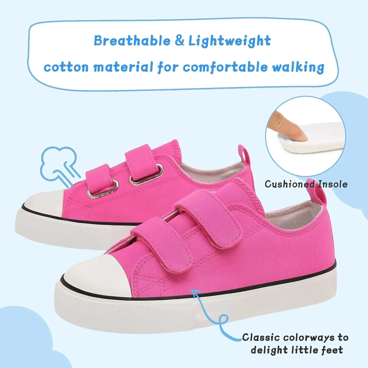 Toddler Canvas Shoes Girls Boys Sneakers Little Kids Walking Breathable Shoe Dual Hook and Loop Size 6-13