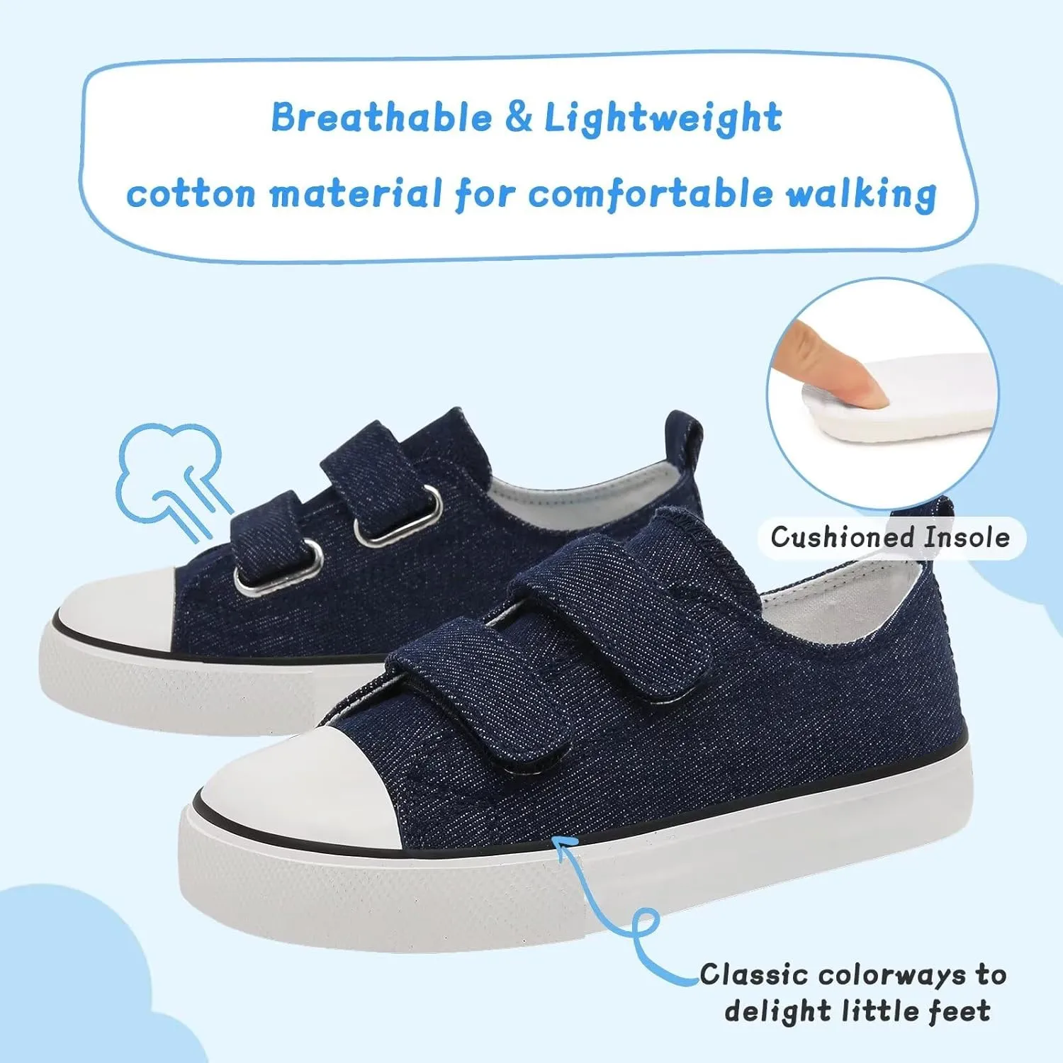 Toddler Canvas Shoes Girls Boys Sneakers Little Kids Walking Breathable Shoe Dual Hook and Loop Size 6-13