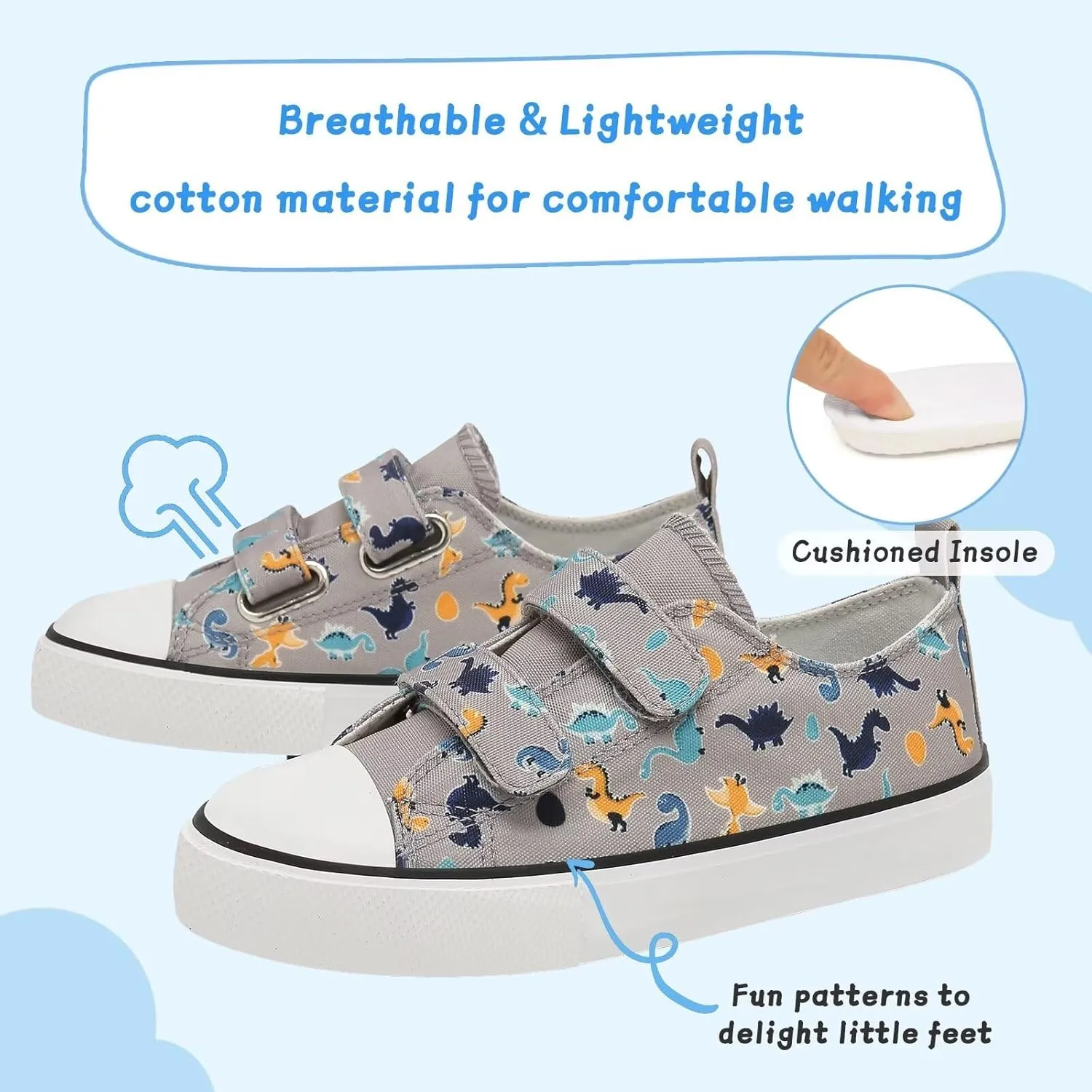 Toddler Canvas Shoes Girls Boys Sneakers Little Kids Walking Breathable Shoe Dual Hook and Loop Size 6-13