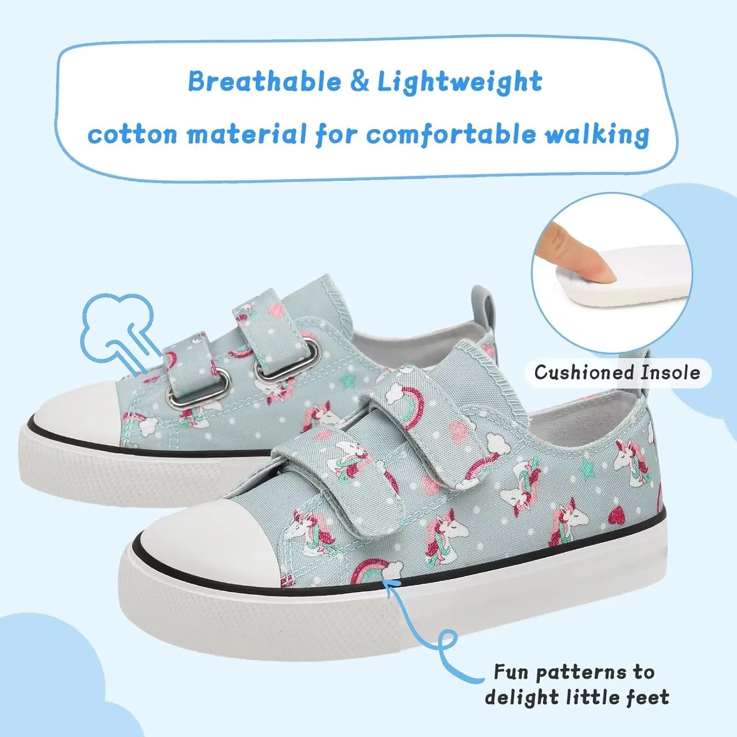 Toddler Canvas Shoes Girls Boys Sneakers Little Kids Walking Breathable Shoe Dual Hook and Loop Size 6-13