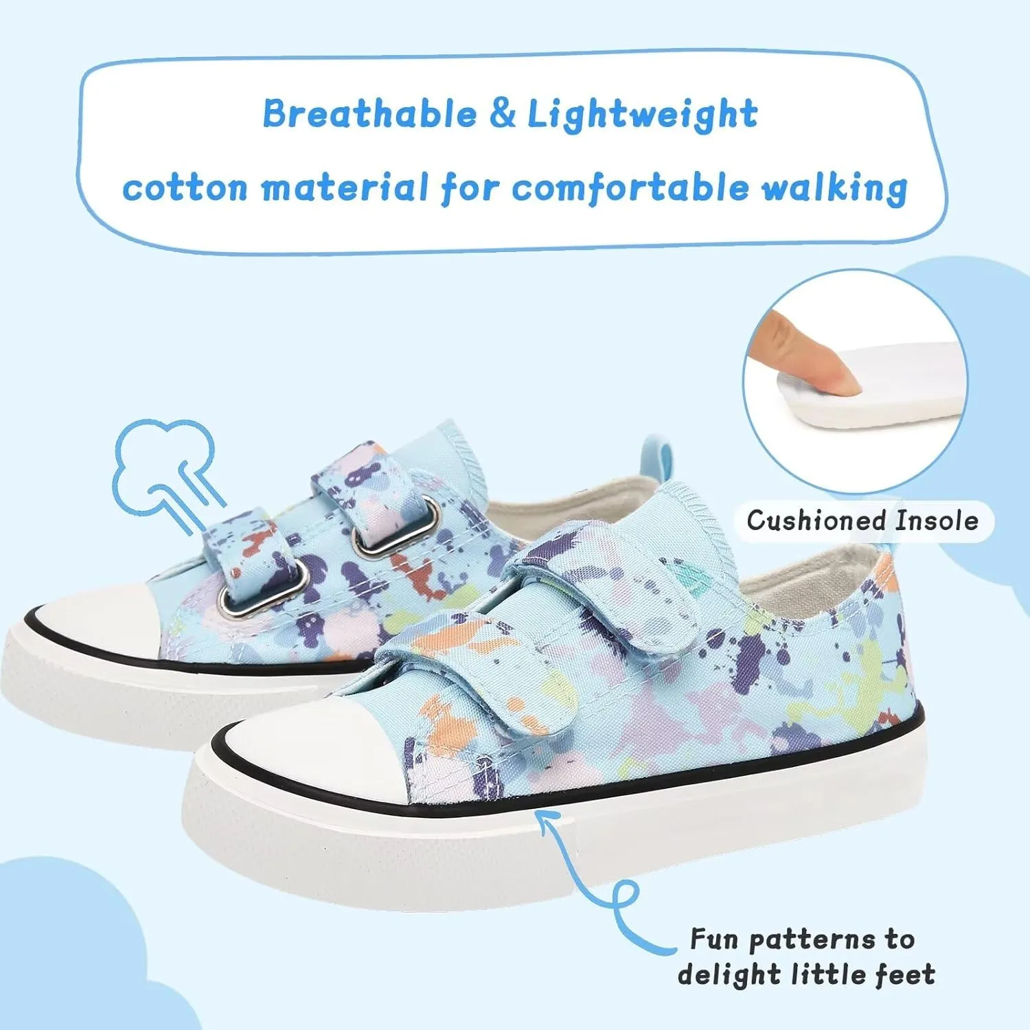 Toddler Canvas Shoes Girls Boys Sneakers Little Kids Walking Breathable Shoe Dual Hook and Loop Size 6-13