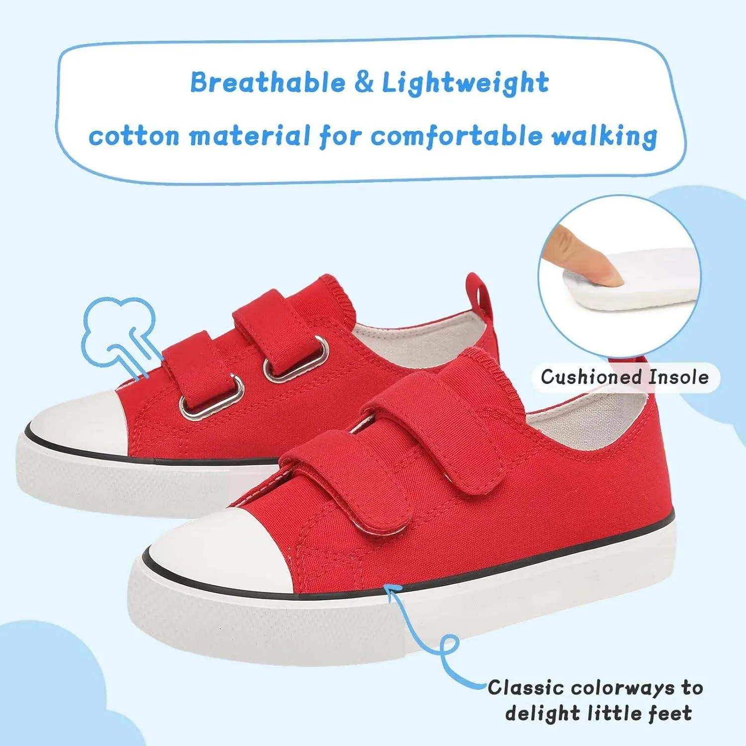Toddler Canvas Shoes Girls Boys Sneakers Little Kids Walking Breathable Shoe Dual Hook and Loop Size 6-13