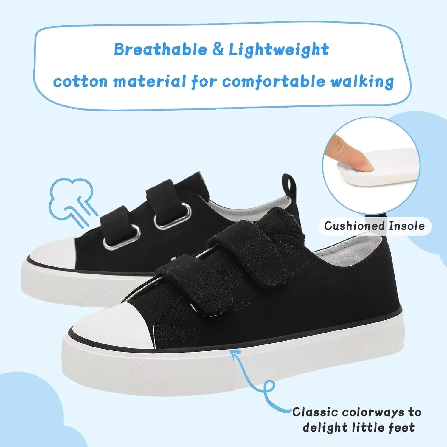 Toddler Canvas Shoes Girls Boys Sneakers Little Kids Walking Breathable Shoe Dual Hook and Loop Size 6-13