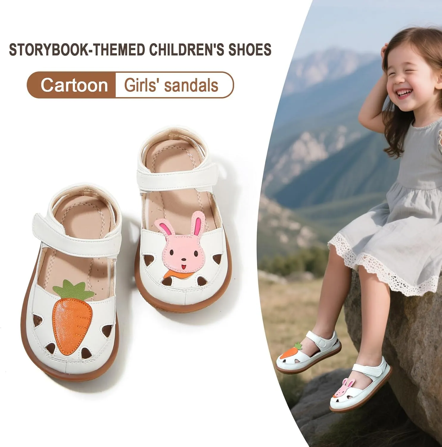 Toddler Girl Sandals with Flower, ‌Breathable Leather kids Closed Toe Sandals, Soft Rubber Non-Slip Summer Shoes for Little Girls 2-7 Years