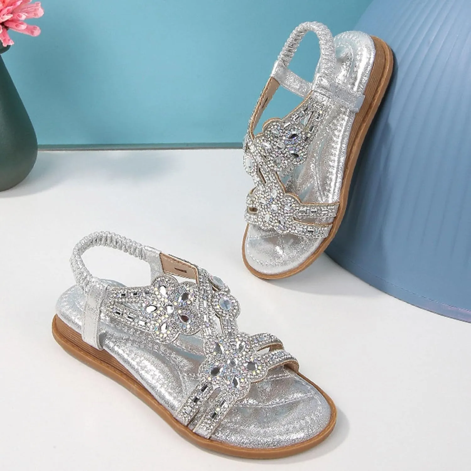 Toddler Girls Rhinestones Sandals Fancy Pearl Flats Soft Open Toe Formal Princess Sandals Kids Summer Dress Shoes for Party