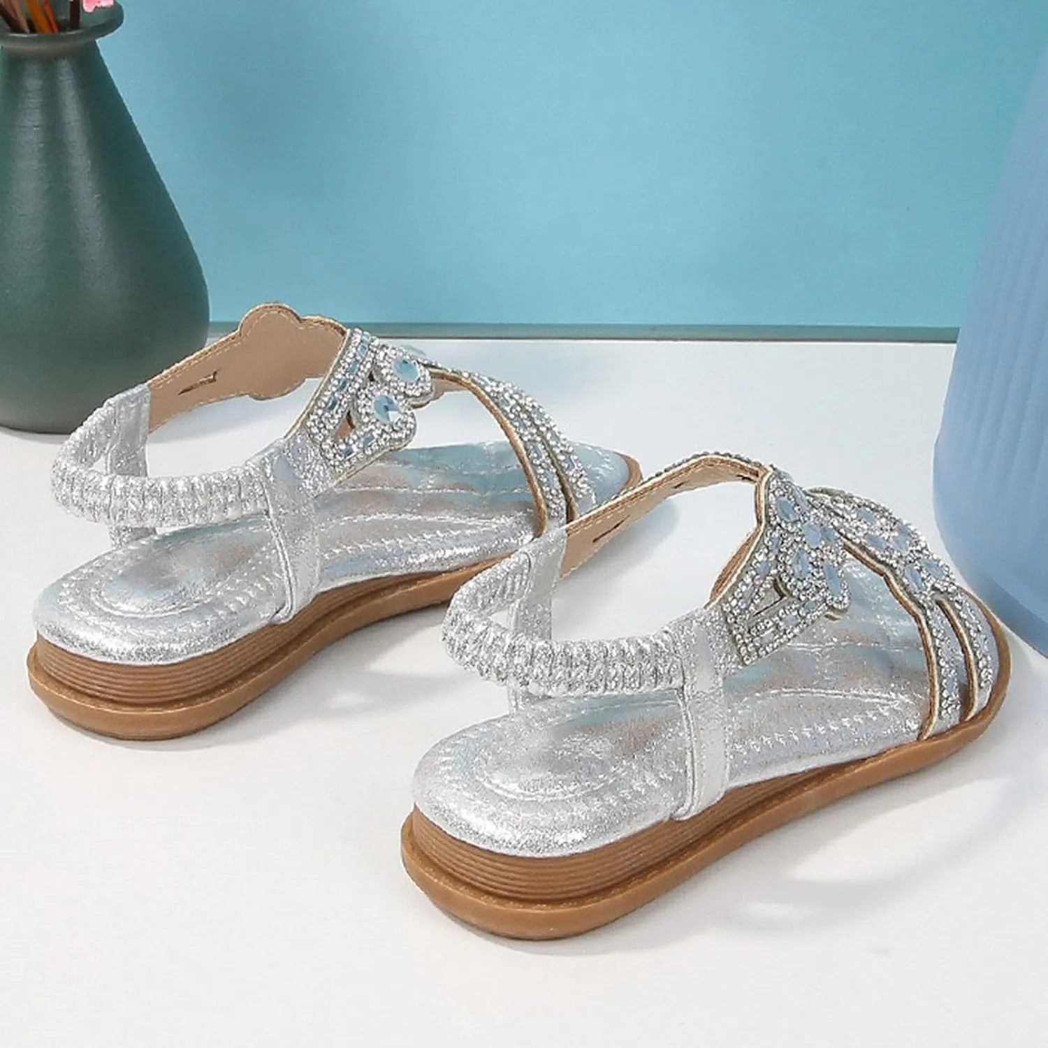 Toddler Girls Rhinestones Sandals Fancy Pearl Flats Soft Open Toe Formal Princess Sandals Kids Summer Dress Shoes for Party