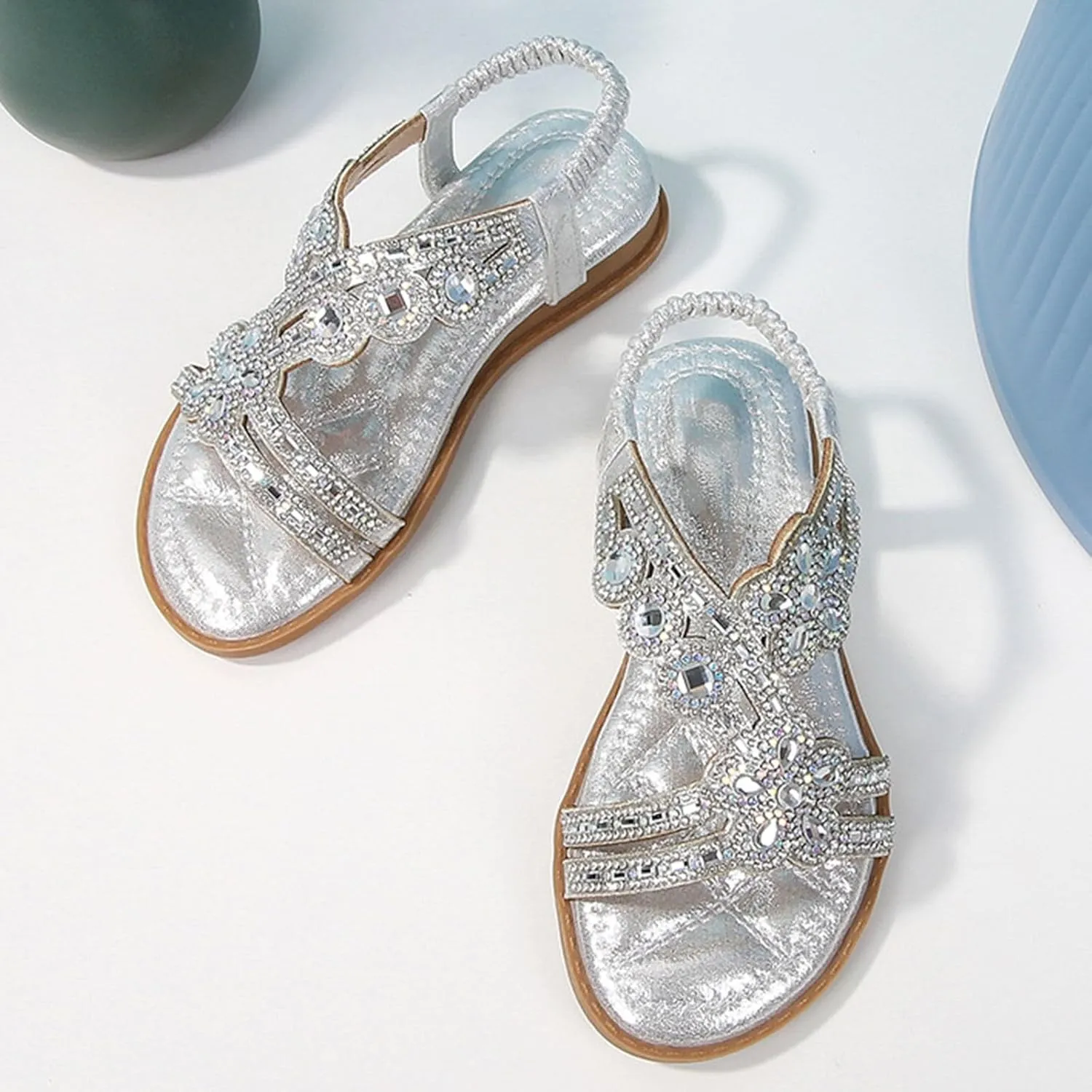 Toddler Girls Rhinestones Sandals Fancy Pearl Flats Soft Open Toe Formal Princess Sandals Kids Summer Dress Shoes for Party