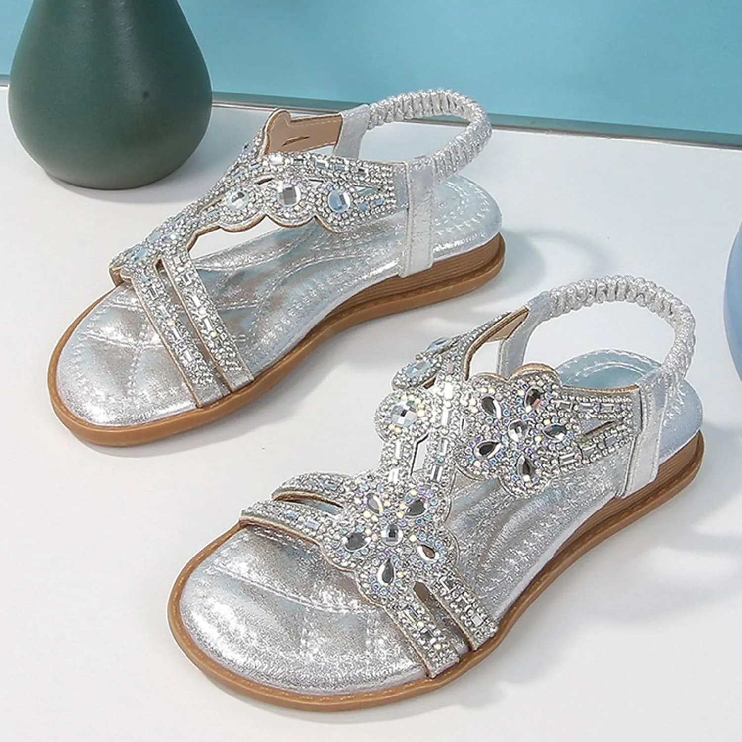 Toddler Girls Rhinestones Sandals Fancy Pearl Flats Soft Open Toe Formal Princess Sandals Kids Summer Dress Shoes for Party