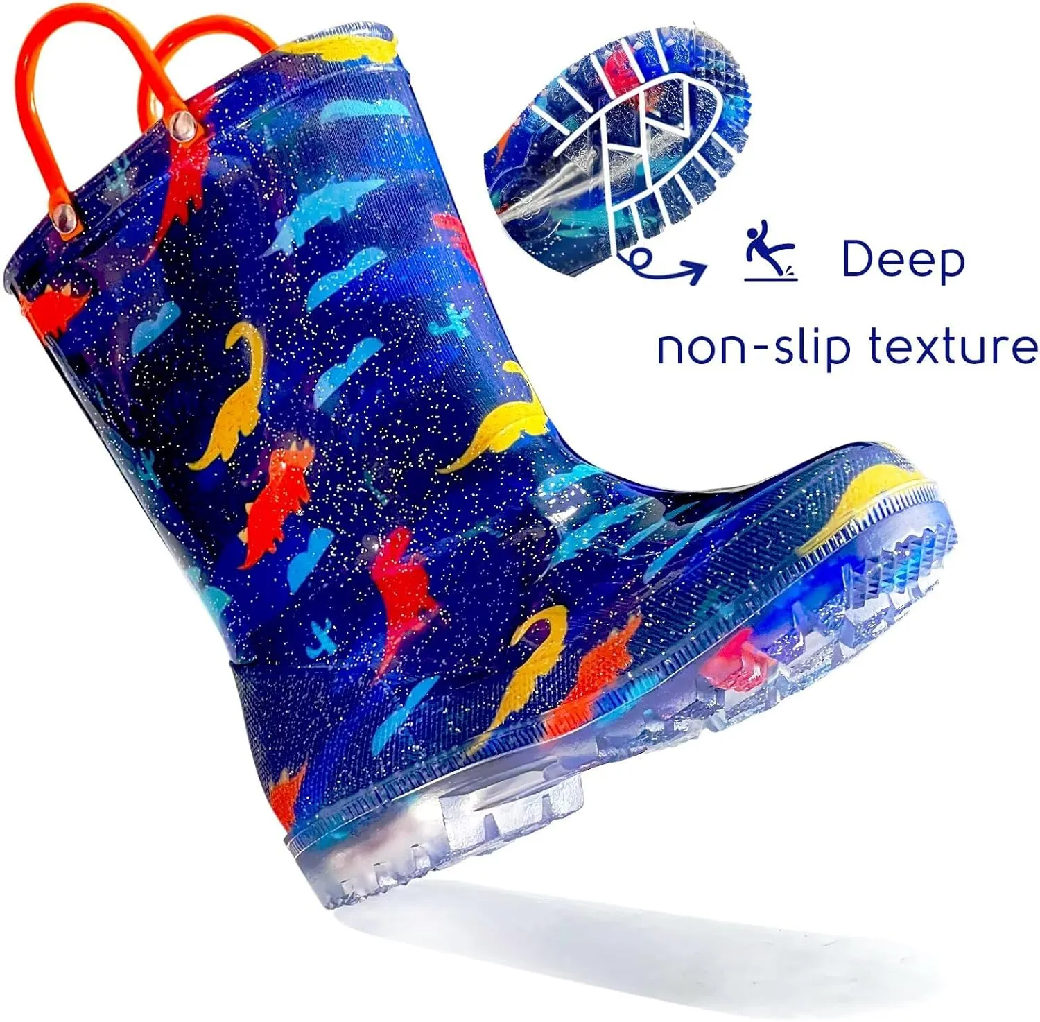 Toddler Rain Boots for Girls Boys, Kids Rain Boots Light Up Glitter Boot Waterproof Shoes with Easy on Handles