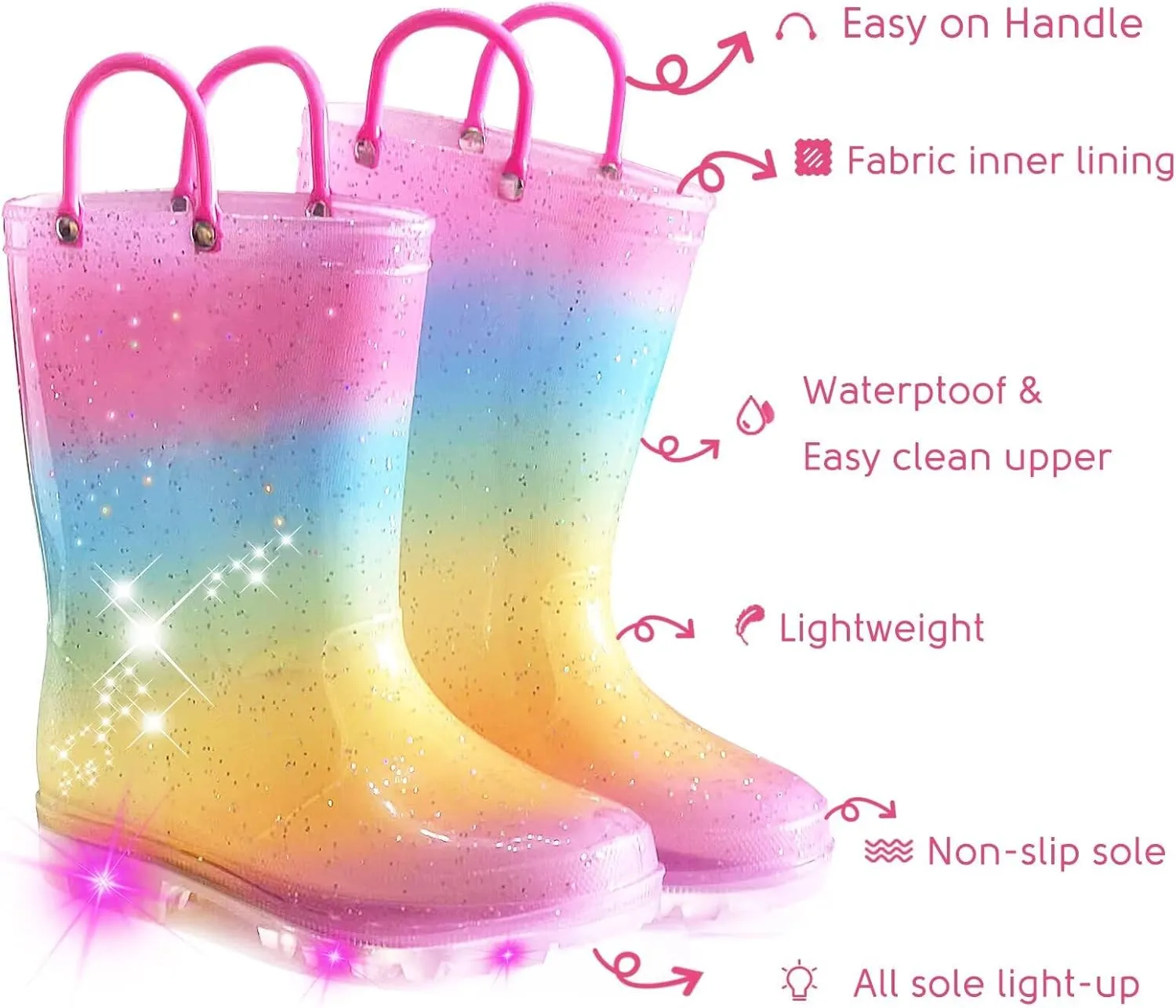 Toddler Rain Boots for Girls Boys, Kids Rain Boots Light Up Glitter Boot Waterproof Shoes with Easy on Handles
