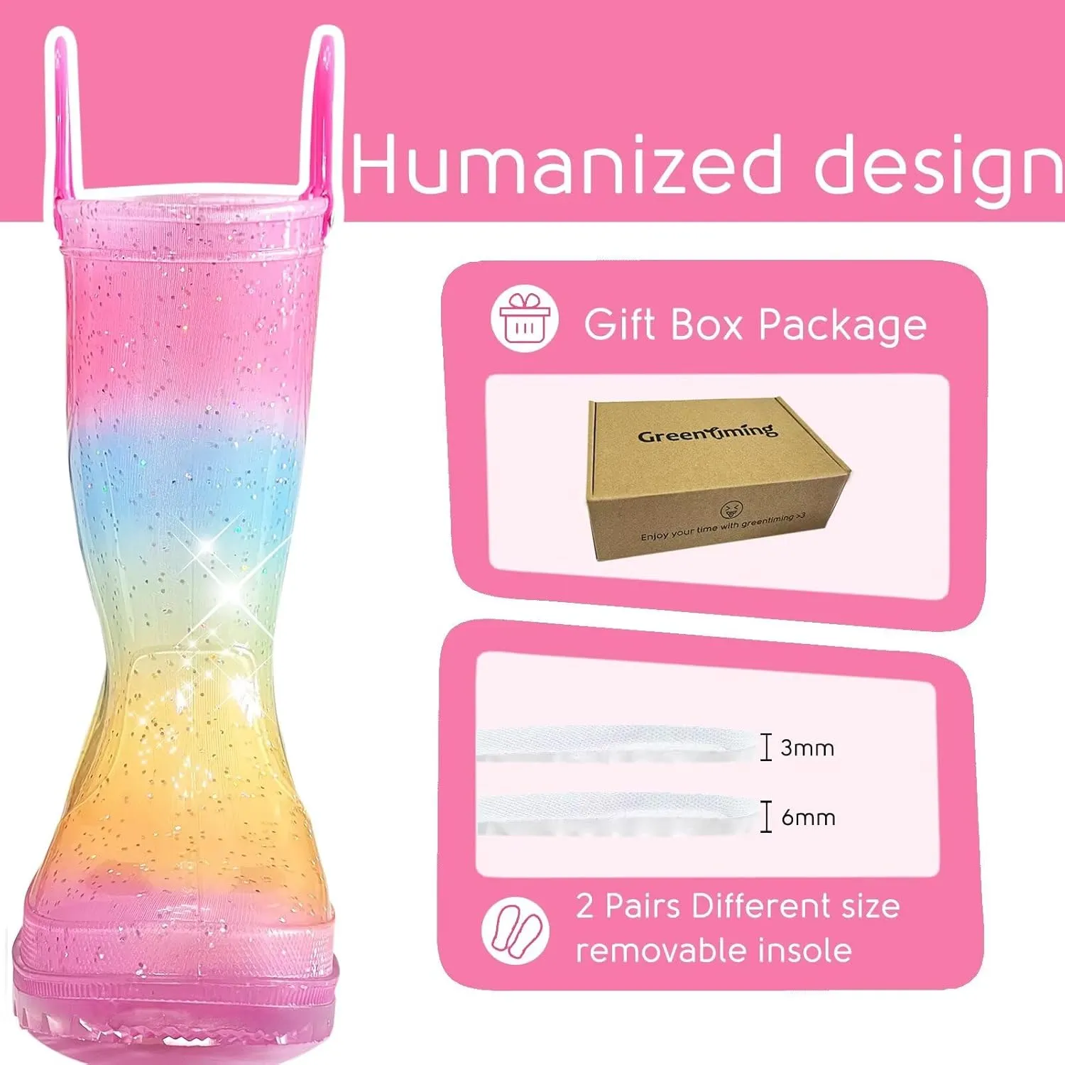 Toddler Rain Boots for Girls Boys, Kids Rain Boots Light Up Glitter Boot Waterproof Shoes with Easy on Handles