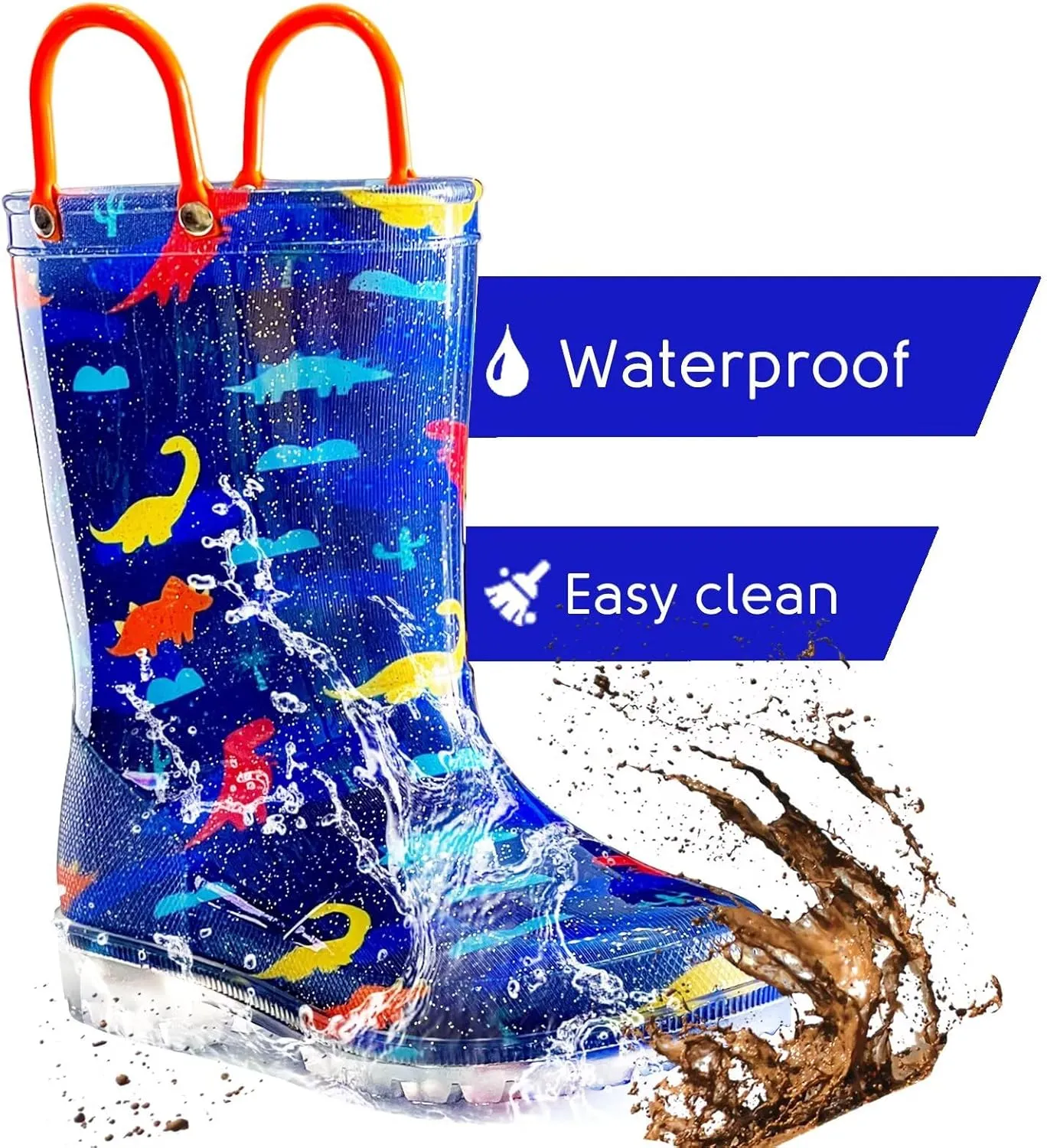 Toddler Rain Boots for Girls Boys, Kids Rain Boots Light Up Glitter Boot Waterproof Shoes with Easy on Handles