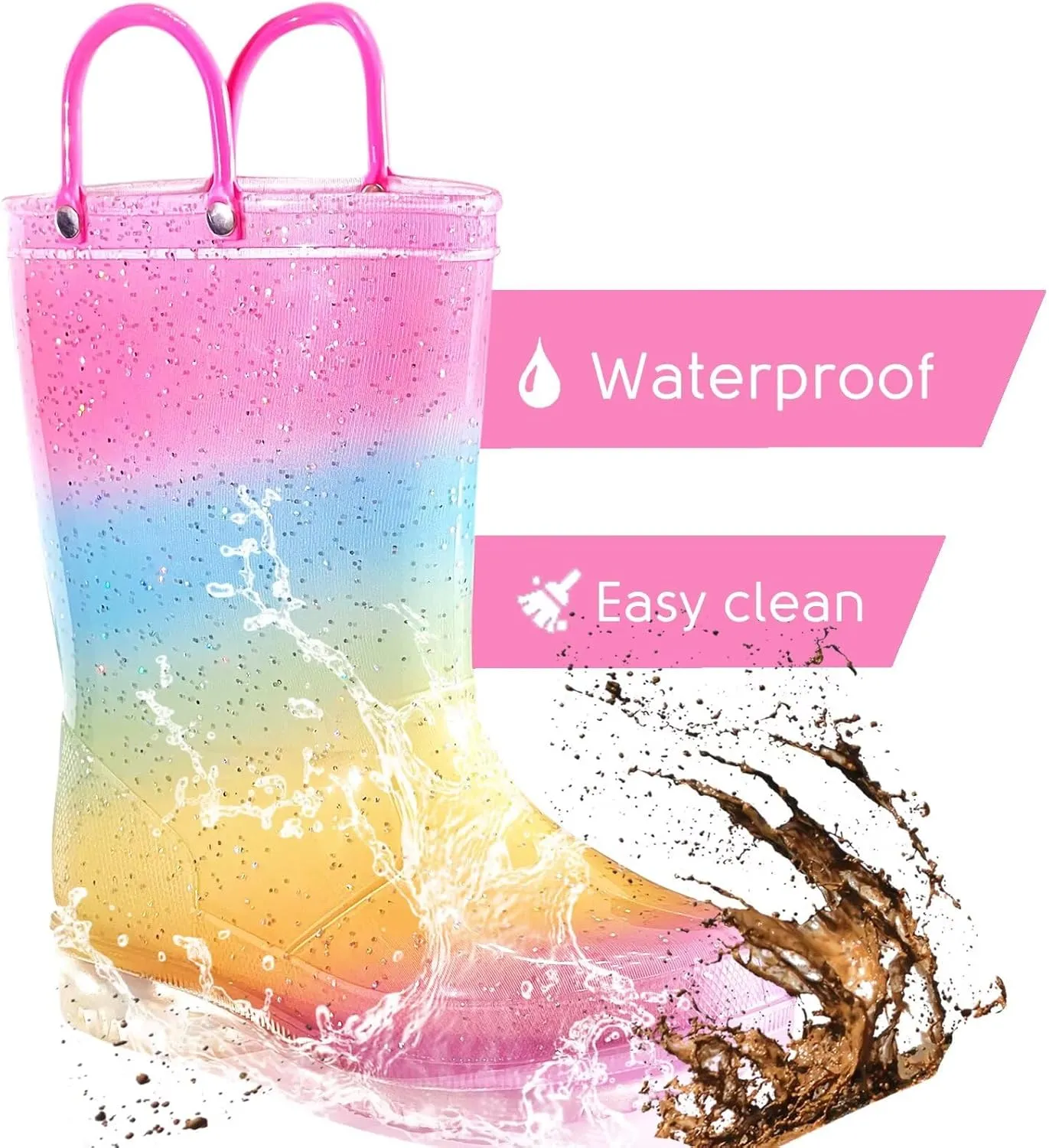 Toddler Rain Boots for Girls Boys, Kids Rain Boots Light Up Glitter Boot Waterproof Shoes with Easy on Handles
