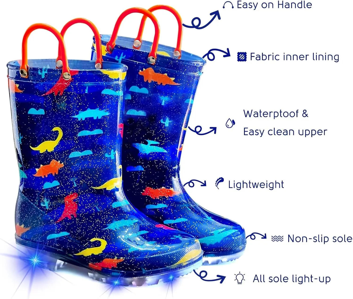 Toddler Rain Boots for Girls Boys, Kids Rain Boots Light Up Glitter Boot Waterproof Shoes with Easy on Handles