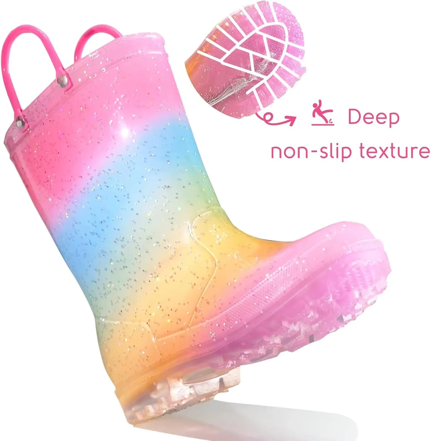 Toddler Rain Boots for Girls Boys, Kids Rain Boots Light Up Glitter Boot Waterproof Shoes with Easy on Handles