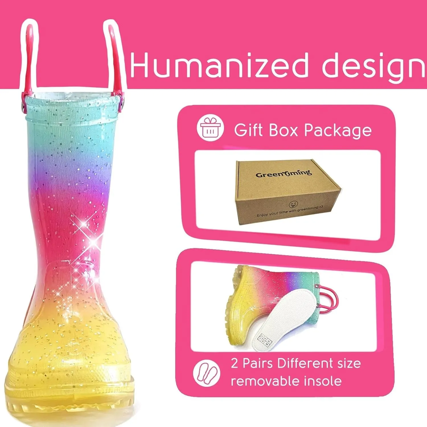 Toddler Rain Boots for Girls Boys, Light Up kids Glitter Rainboots Waterproof Shoes with Handles