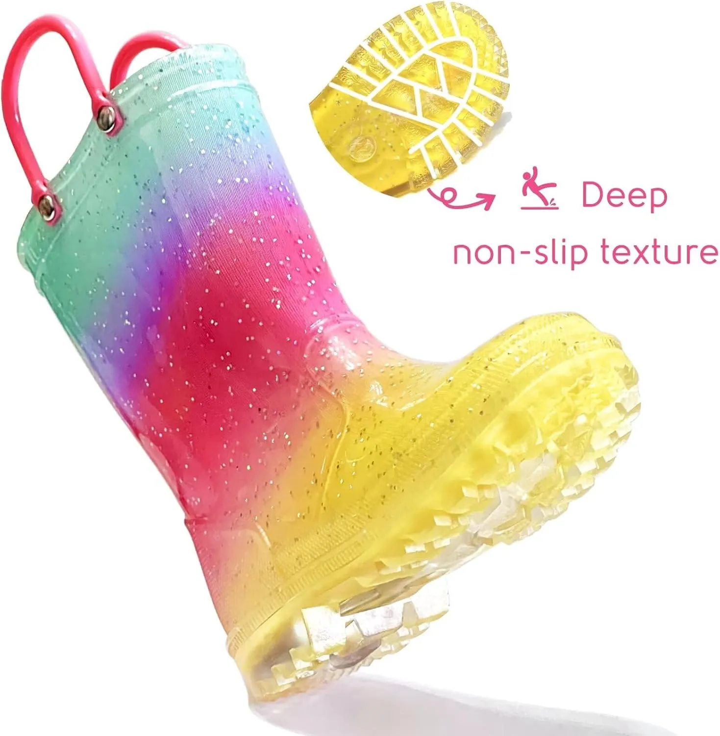 Toddler Rain Boots for Girls Boys, Light Up kids Glitter Rainboots Waterproof Shoes with Handles