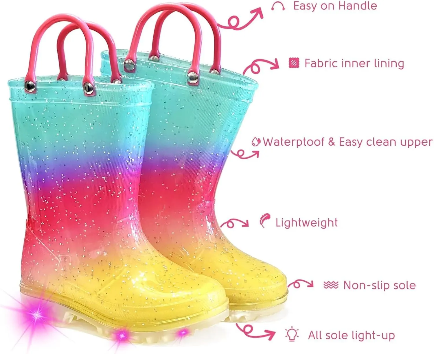 Toddler Rain Boots for Girls Boys, Light Up kids Glitter Rainboots Waterproof Shoes with Handles