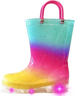 Toddler Rain Boots for Girls Boys, Light Up kids Glitter Rainboots Waterproof Shoes with Handles