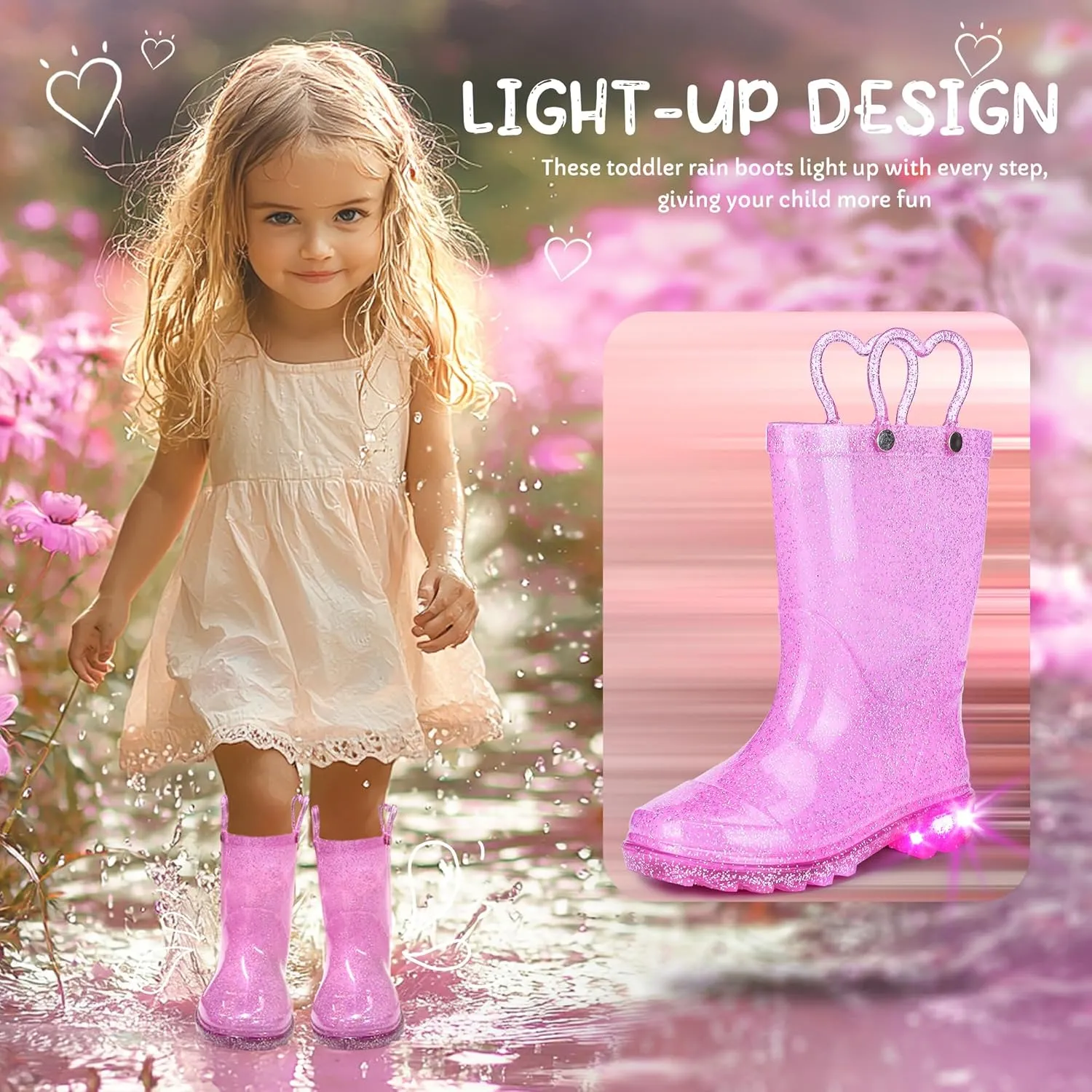 Toddler Rain Boots Girls Rain Boots - Glitter Light Up Kids Rain Boots with Easy-On Handles Lightwight Waterproof Rain Shoes(Toddler/Little/Big kids)