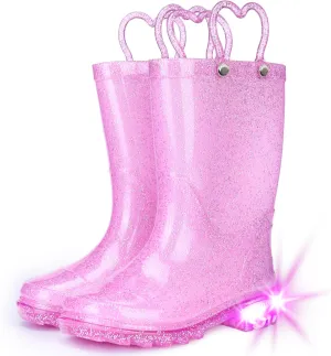 Toddler Rain Boots Girls Rain Boots - Glitter Light Up Kids Rain Boots with Easy-On Handles Lightwight Waterproof Rain Shoes(Toddler/Little/Big kids)
