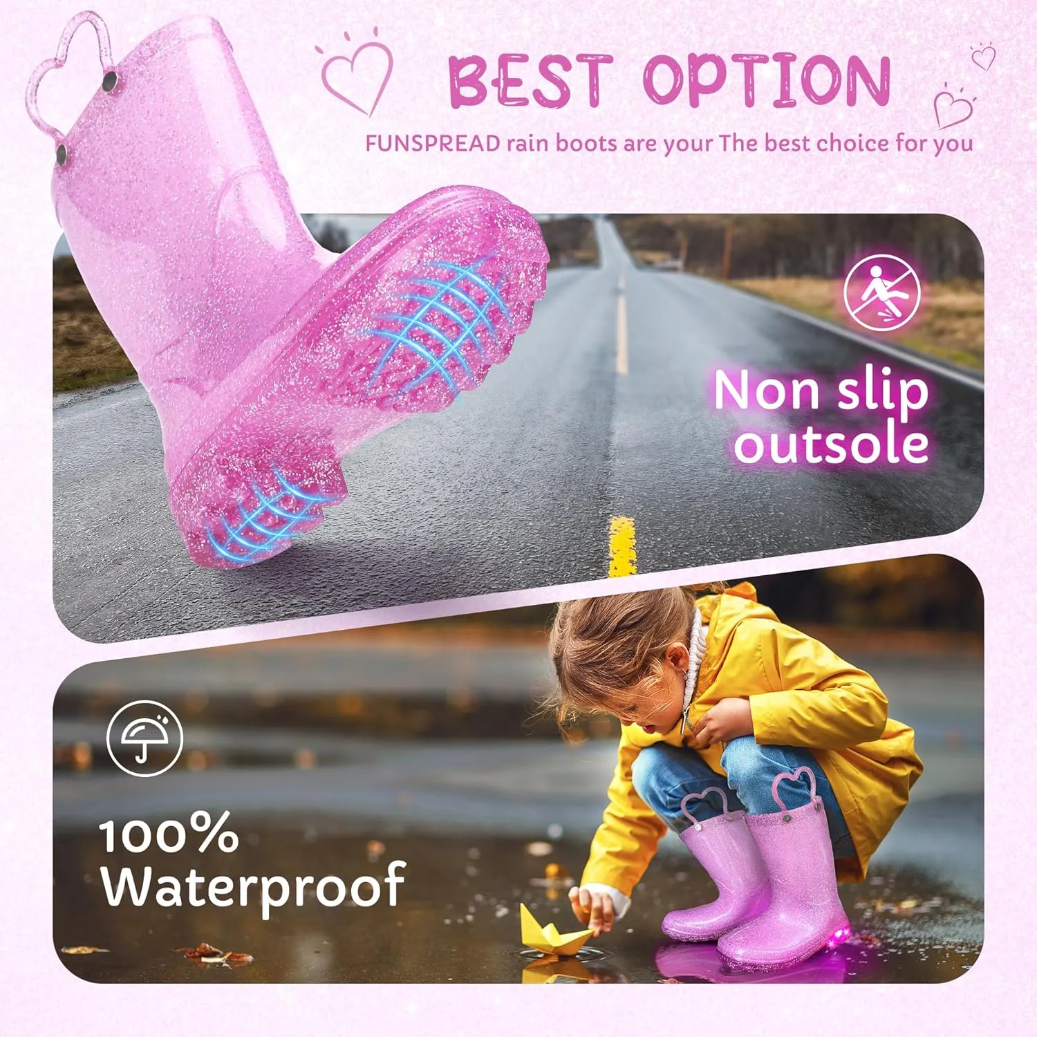 Toddler Rain Boots Girls Rain Boots - Glitter Light Up Kids Rain Boots with Easy-On Handles Lightwight Waterproof Rain Shoes(Toddler/Little/Big kids)