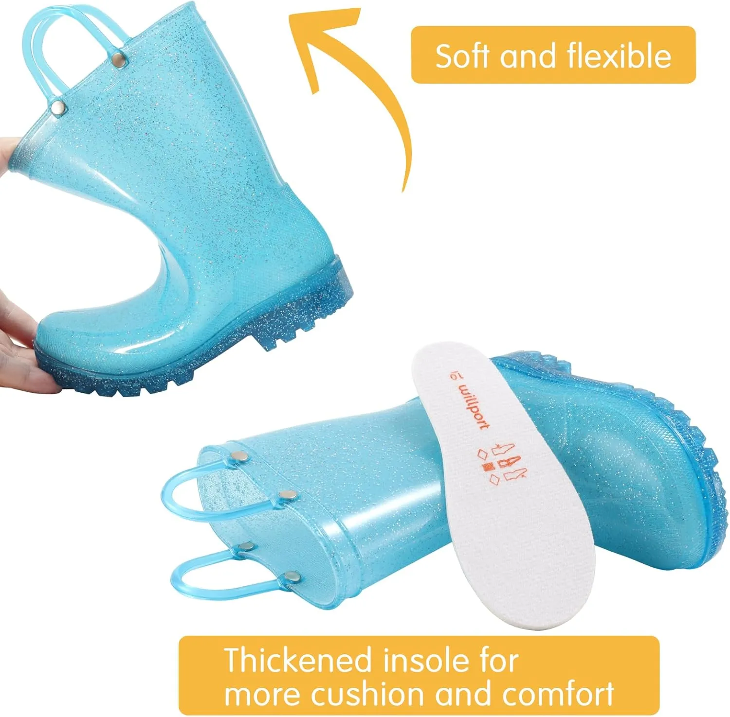 Toddler Rain Boots,Waterproof Glitter Kids Rain Boots with Easy-on Handles for Boys and Girls