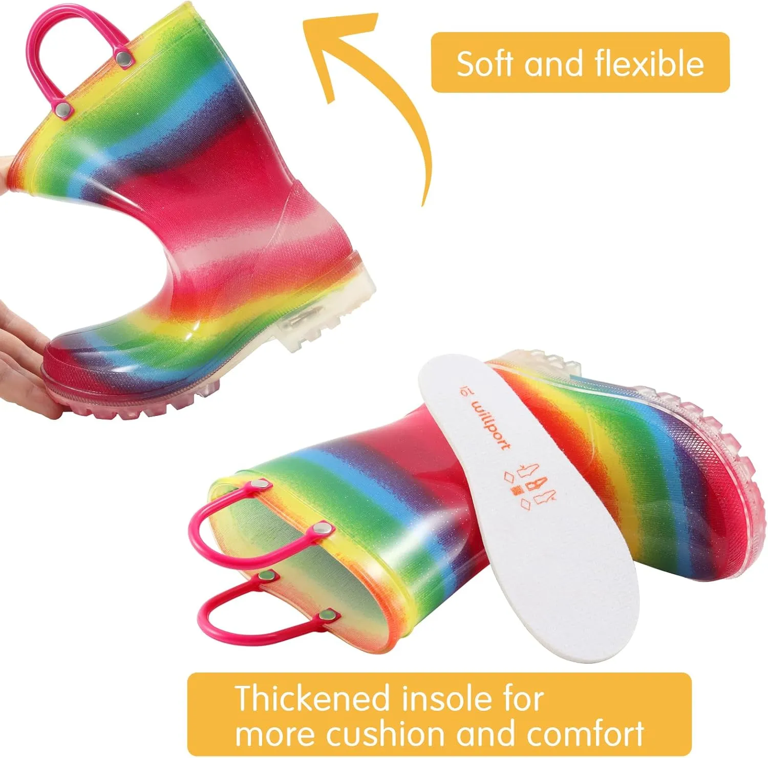 Toddler Rain Boots,Waterproof Light Up Kids Rain Boots with Easy-on Handles for Boys and Girls