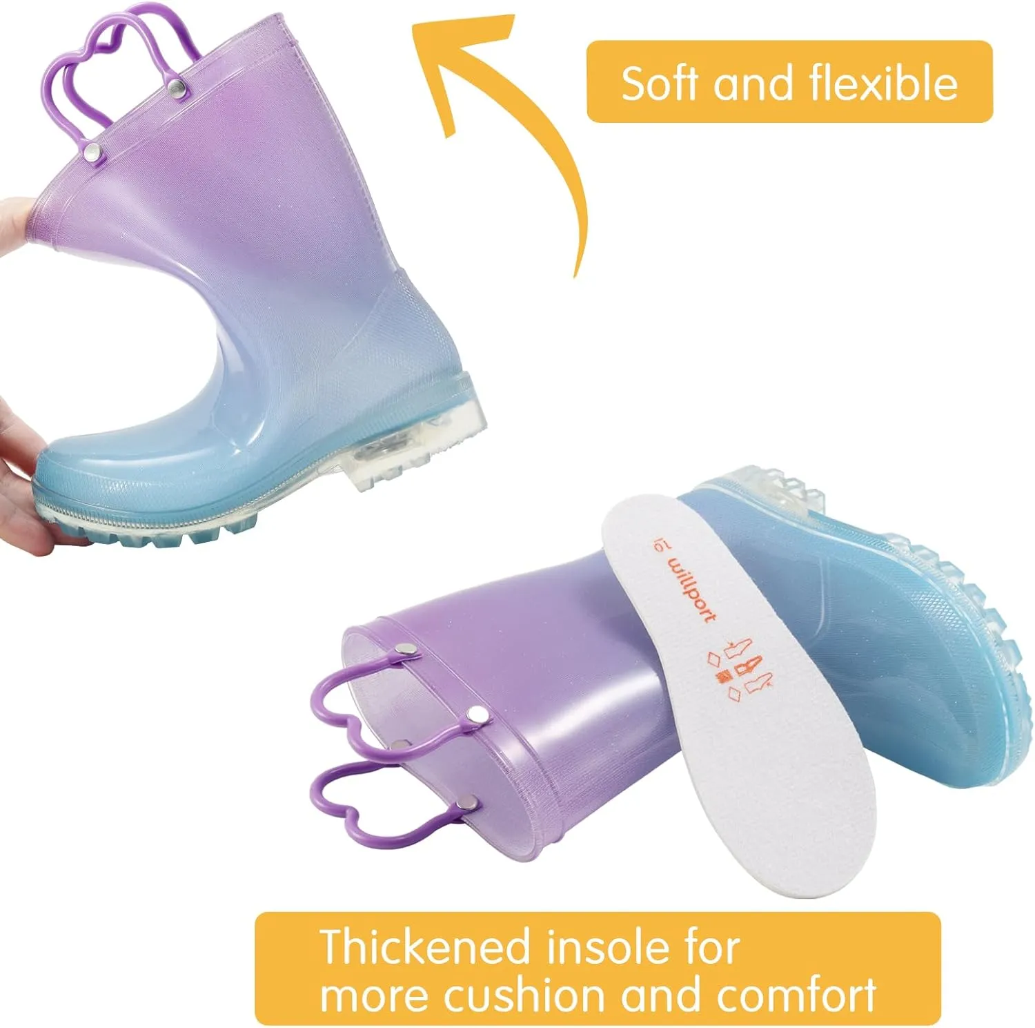 Toddler Rain Boots,Waterproof Light Up Kids Rain Boots with Easy-on Handles for Boys and Girls