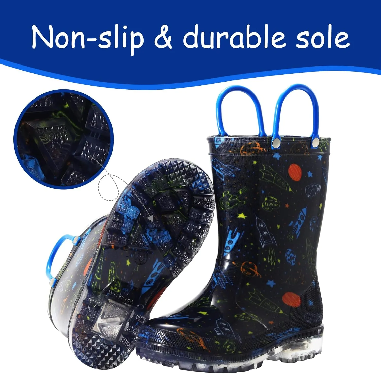 Toddler Rain Boots,Waterproof Light Up Kids Rain Boots with Easy-on Handles for Boys and Girls