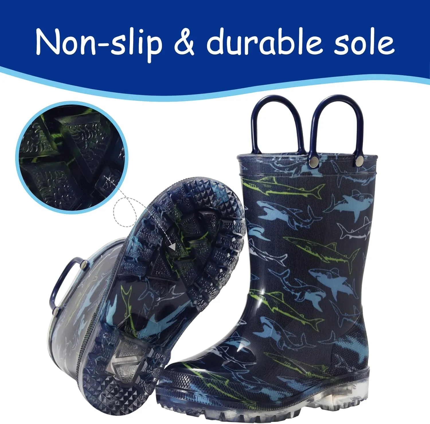 Toddler Rain Boots,Waterproof Light Up Kids Rain Boots with Easy-on Handles for Boys and Girls