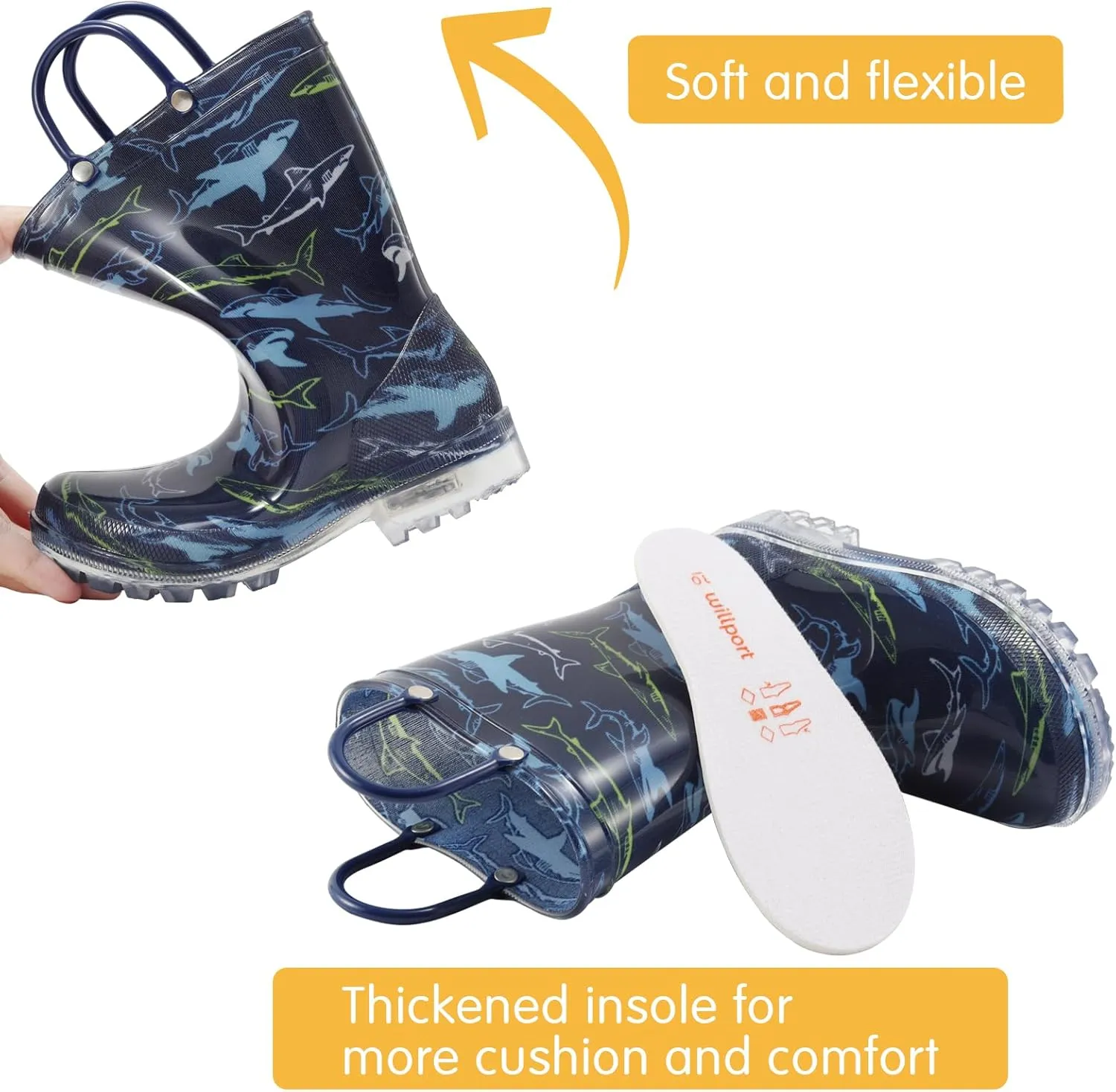 Toddler Rain Boots,Waterproof Light Up Kids Rain Boots with Easy-on Handles for Boys and Girls