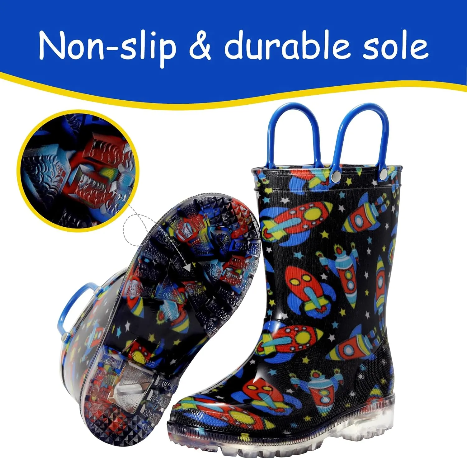 Toddler Rain Boots,Waterproof Light Up Kids Rain Boots with Easy-on Handles for Boys and Girls