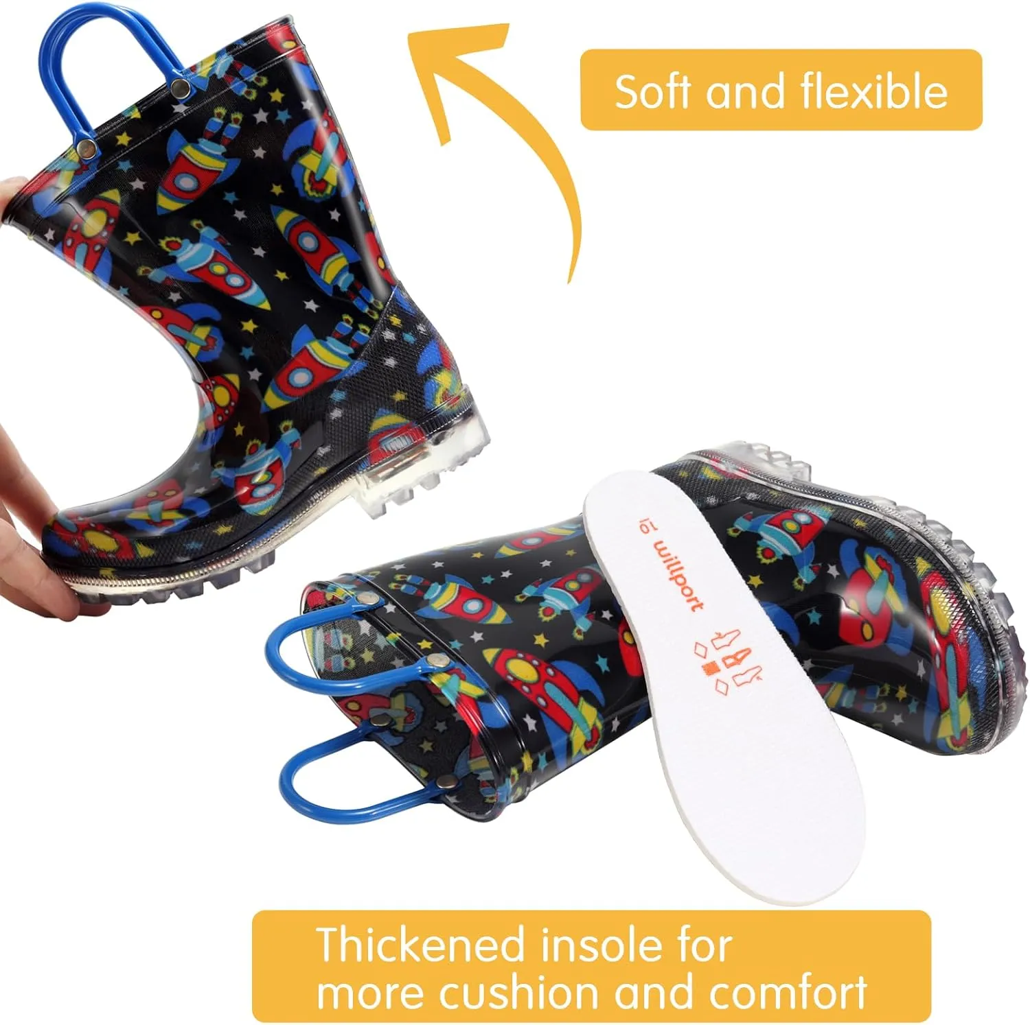 Toddler Rain Boots,Waterproof Light Up Kids Rain Boots with Easy-on Handles for Boys and Girls