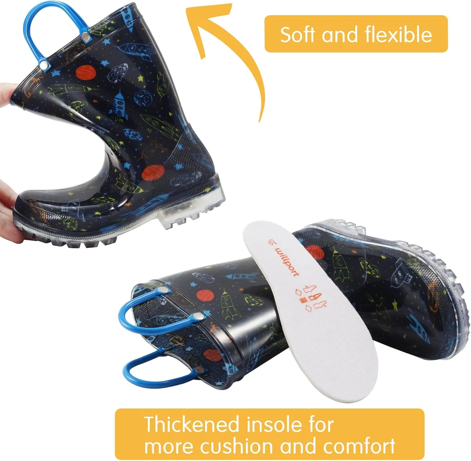 Toddler Rain Boots,Waterproof Light Up Kids Rain Boots with Easy-on Handles for Boys and Girls
