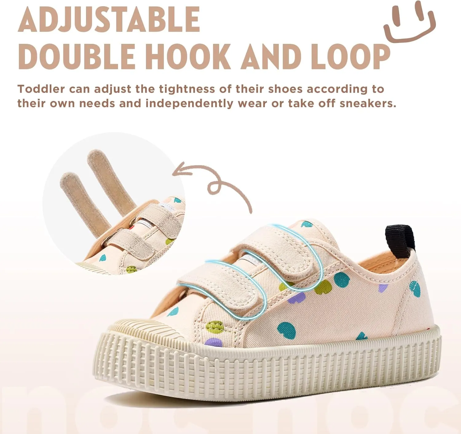 Toddler Shoes for Boys & Girls, Canvas Dual Hook and Loops Sneakers with Candy-Colored Sole