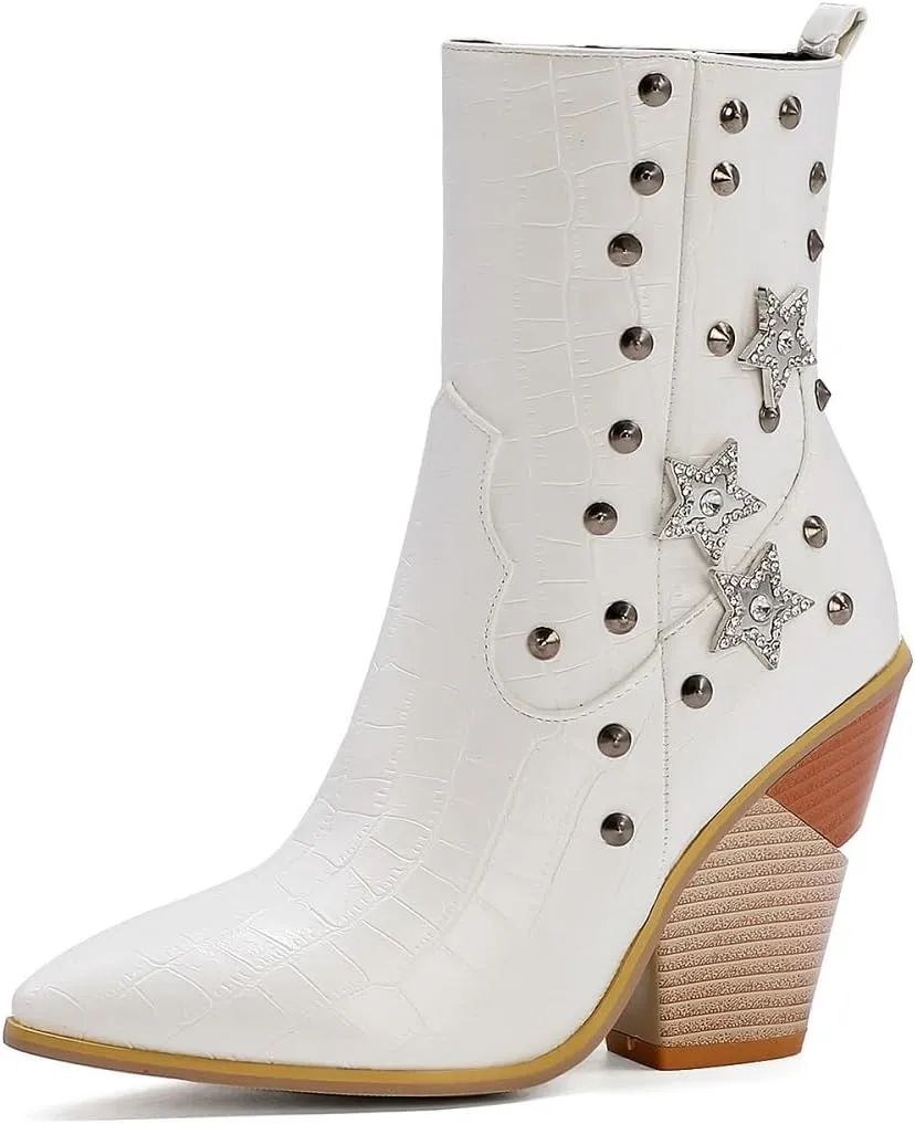 Tokouk Women's Crocodile Printed Rivet Studded Chunky High Heel Ankle Boots With Side Zipper,Sexy Pointed Toe Wedding party Cowgirl Short Boots Dress Chelsea Booties