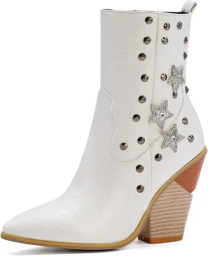 Tokouk Women's Crocodile Printed Rivet Studded Chunky High Heel Ankle Boots With Side Zipper,Sexy Pointed Toe Wedding party Cowgirl Short Boots Dress Chelsea Booties