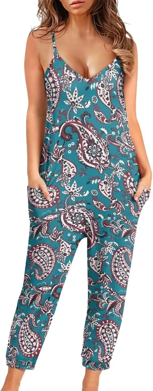 Tropical Jumpsuits for Women Hawaiian Flamingos Strap V with Pockets Jumpsuit