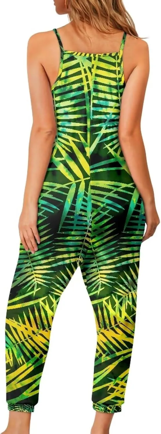 Tropical Jumpsuits for Women Hawaiian Flamingos Strap V with Pockets Jumpsuit