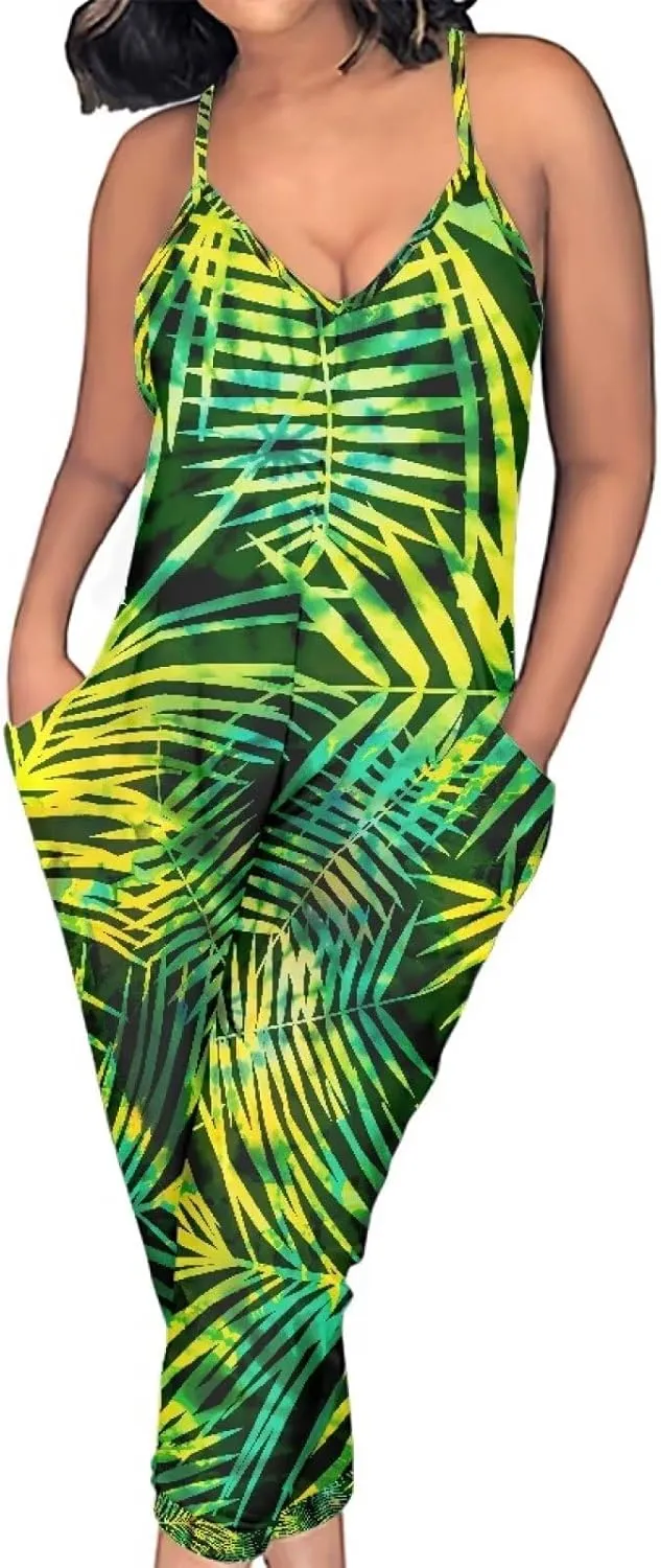 Tropical Jumpsuits for Women Hawaiian Flamingos Strap V with Pockets Jumpsuit