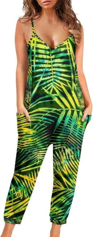 Tropical Jumpsuits for Women Hawaiian Flamingos Strap V with Pockets Jumpsuit
